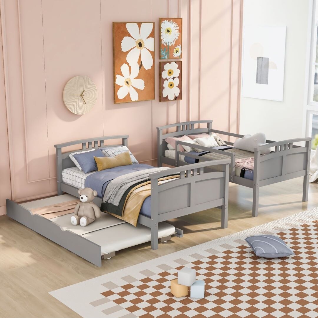 Grey Twin-Over-Twin Bunk Bed with Twin size Trundle