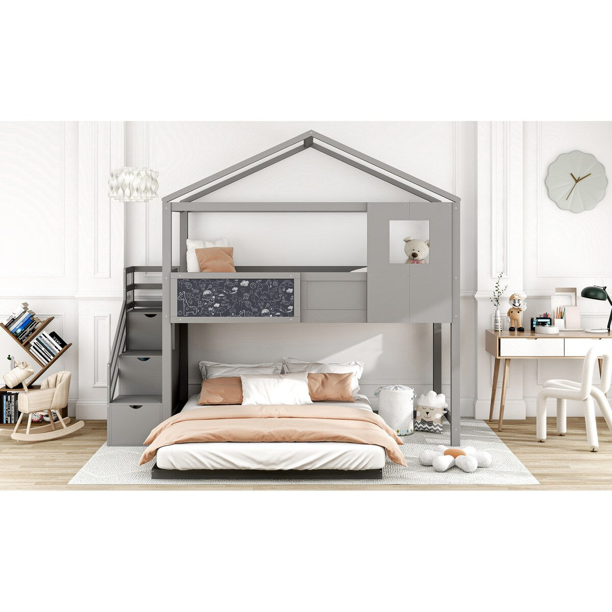 Grey Twin over Full Wood House Bed Bunk Bed with Storage Staircase and Blackboard, 93.5''L*77.7''W*83.7''H, 172LBS