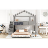 Grey Twin over Full Wood House Bed Bunk Bed with Storage Staircase and Blackboard, 93.5''L*77.7''W*83.7''H, 172LBS