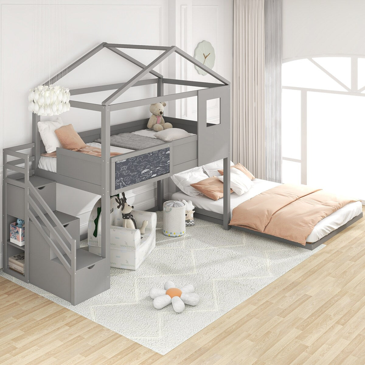 Grey Twin over Full Wood House Bed Bunk Bed with Storage Staircase and Blackboard, 93.5''L*77.7''W*83.7''H, 172LBS