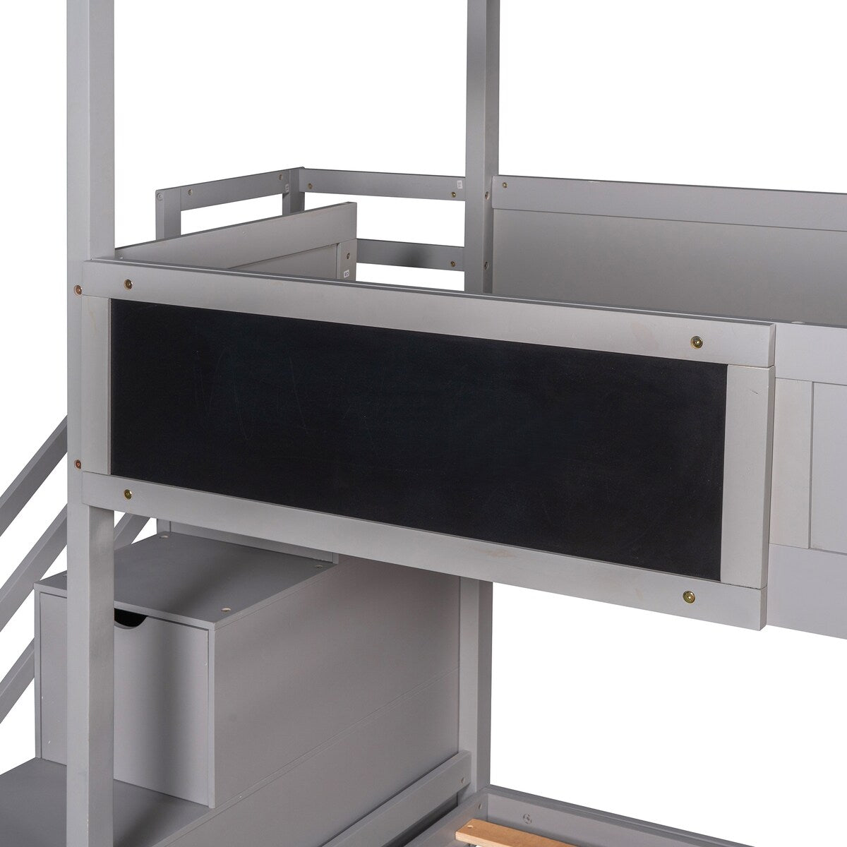 Grey Twin over Full Wood House Bed Bunk Bed with Storage Staircase and Blackboard, 93.5''L*77.7''W*83.7''H, 172LBS