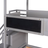 Grey Twin over Full Wood House Bed Bunk Bed with Storage Staircase and Blackboard, 93.5''L*77.7''W*83.7''H, 172LBS