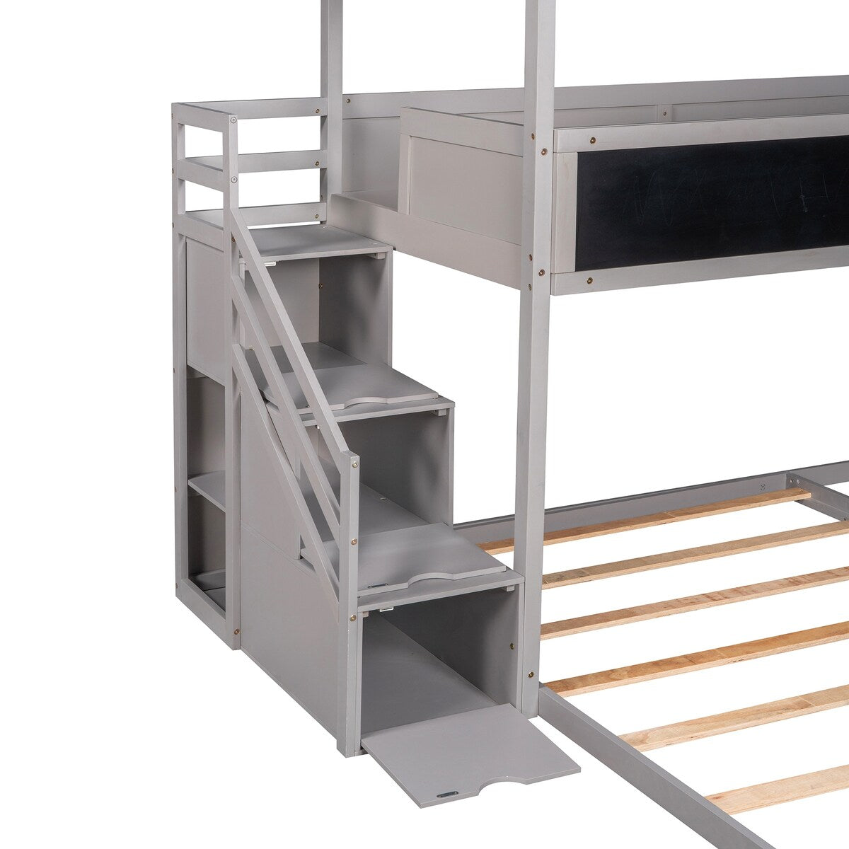 Grey Twin over Full Wood House Bed Bunk Bed with Storage Staircase and Blackboard, 93.5''L*77.7''W*83.7''H, 172LBS