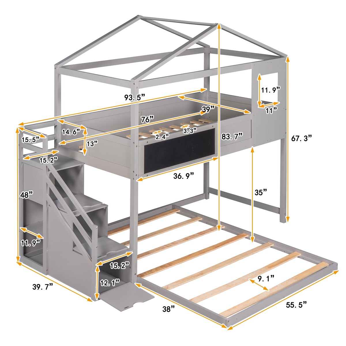 Grey Twin over Full Wood House Bed Bunk Bed with Storage Staircase and Blackboard, 93.5''L*77.7''W*83.7''H, 172LBS