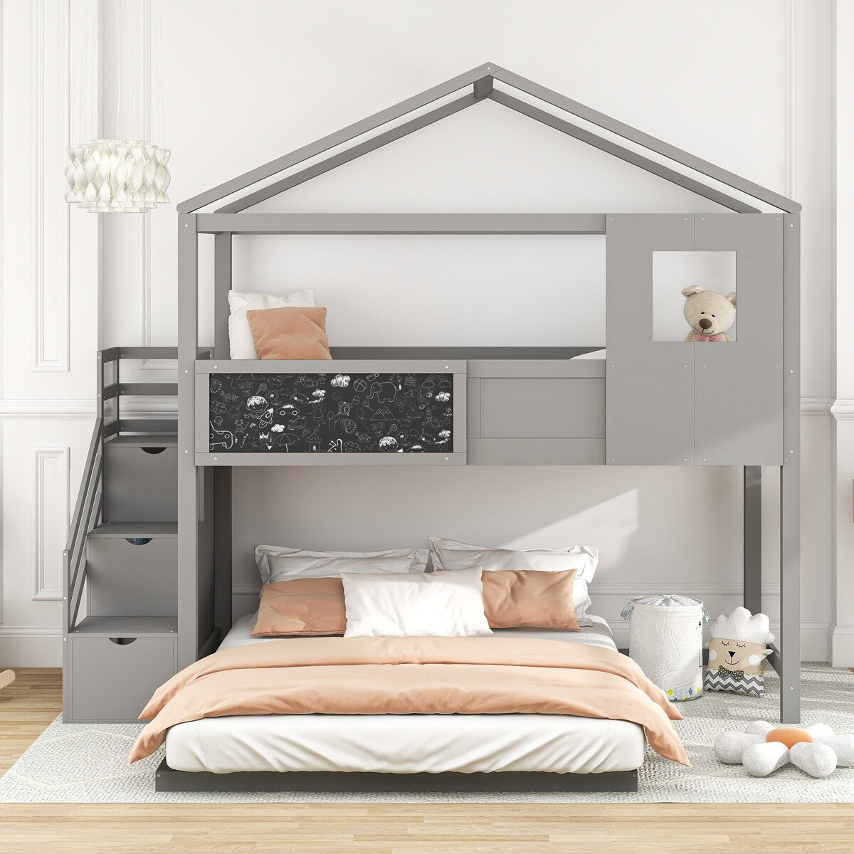 Grey Twin over Full Wood House Bed Bunk Bed with Storage Staircase and Blackboard, 93.5''L*77.7''W*83.7''H, 172LBS