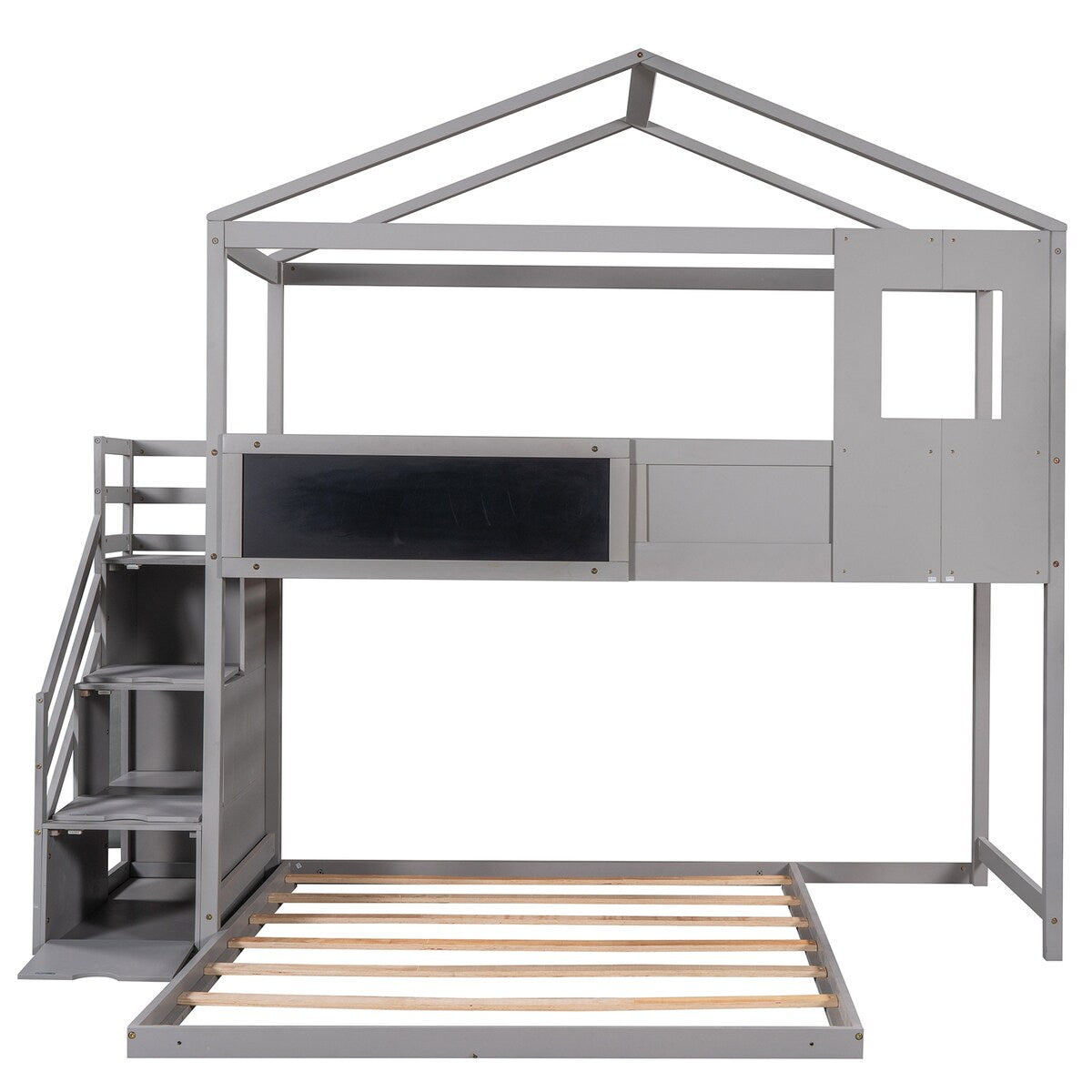 Grey Twin over Full Wood House Bed Bunk Bed with Storage Staircase and Blackboard, 93.5''L*77.7''W*83.7''H, 172LBS