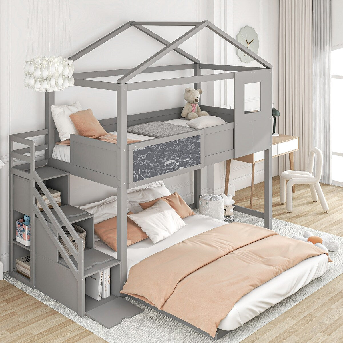 Grey Twin over Full Wood House Bed Bunk Bed with Storage Staircase and Blackboard, 93.5''L*77.7''W*83.7''H, 172LBS