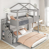 Grey Twin over Full Wood House Bed Bunk Bed with Storage Staircase and Blackboard, 93.5''L*77.7''W*83.7''H, 172LBS