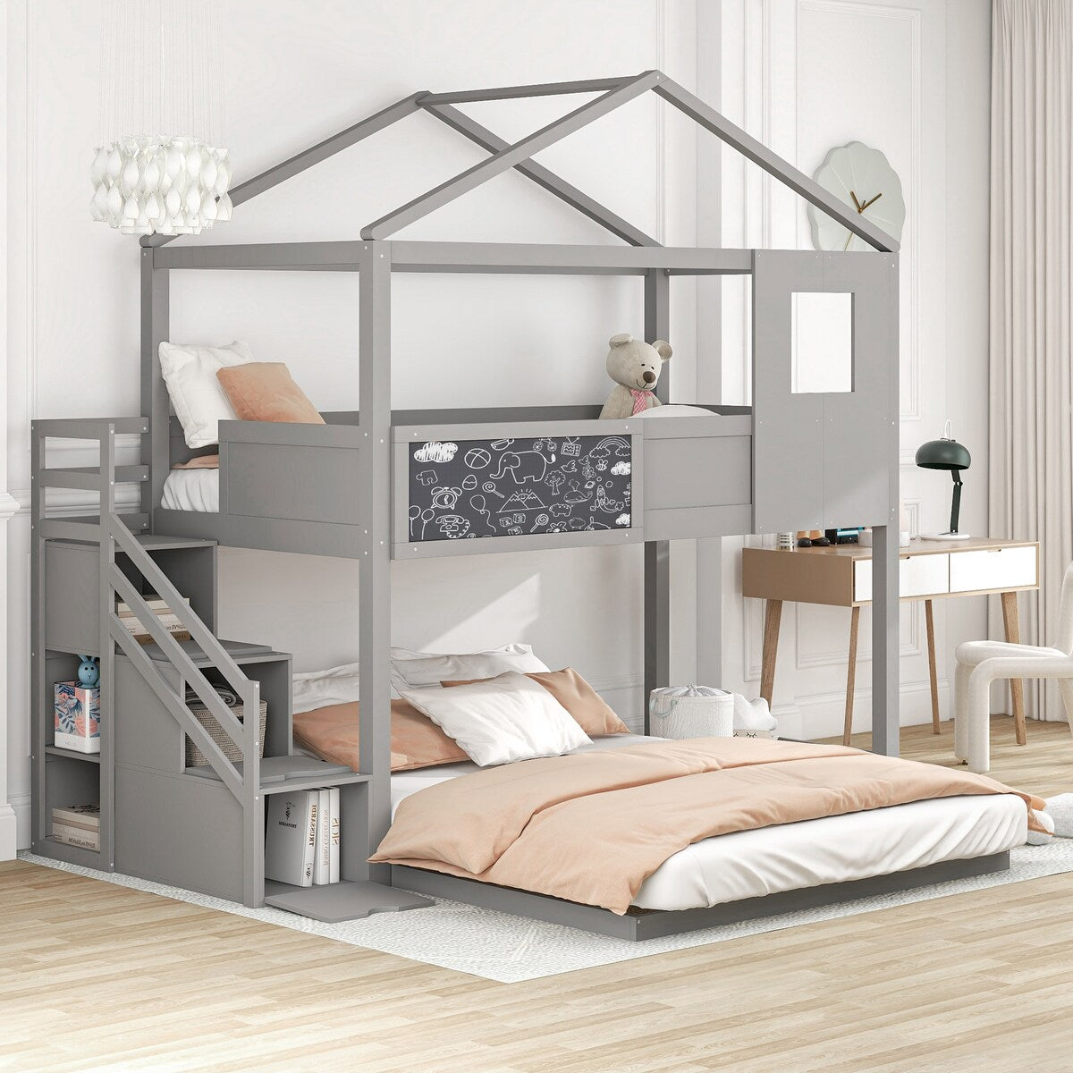 Grey Twin over Full Wood House Bed Bunk Bed with Storage Staircase and Blackboard, 93.5''L*77.7''W*83.7''H, 172LBS