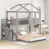 Grey Twin over Full Wood House Bed Bunk Bed with Storage Staircase and Blackboard, 93.5''L*77.7''W*83.7''H, 172LBS