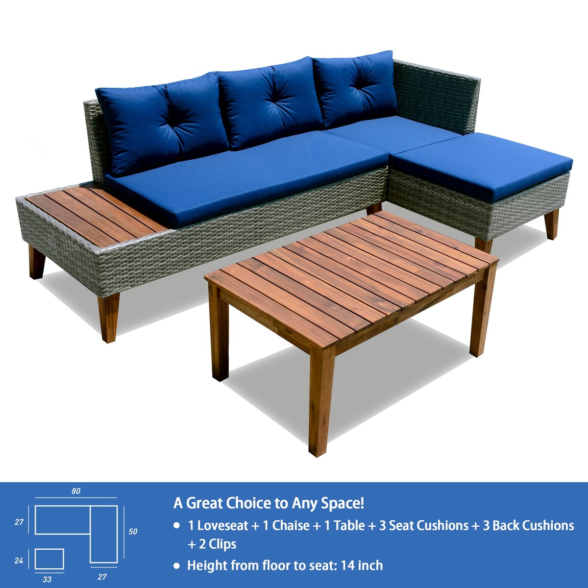 Grey Wicker Outdoor Sectional Sofa Set w/ Blue Cushions