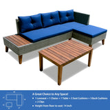Grey Wicker Outdoor Sectional Sofa Set w/ Blue Cushions