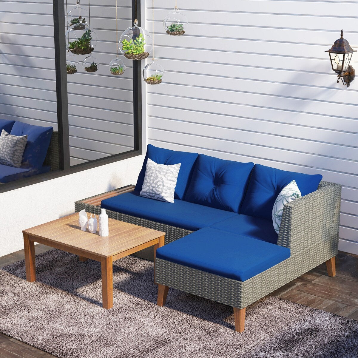 Grey Wicker Outdoor Sectional Sofa Set w/ Blue Cushions