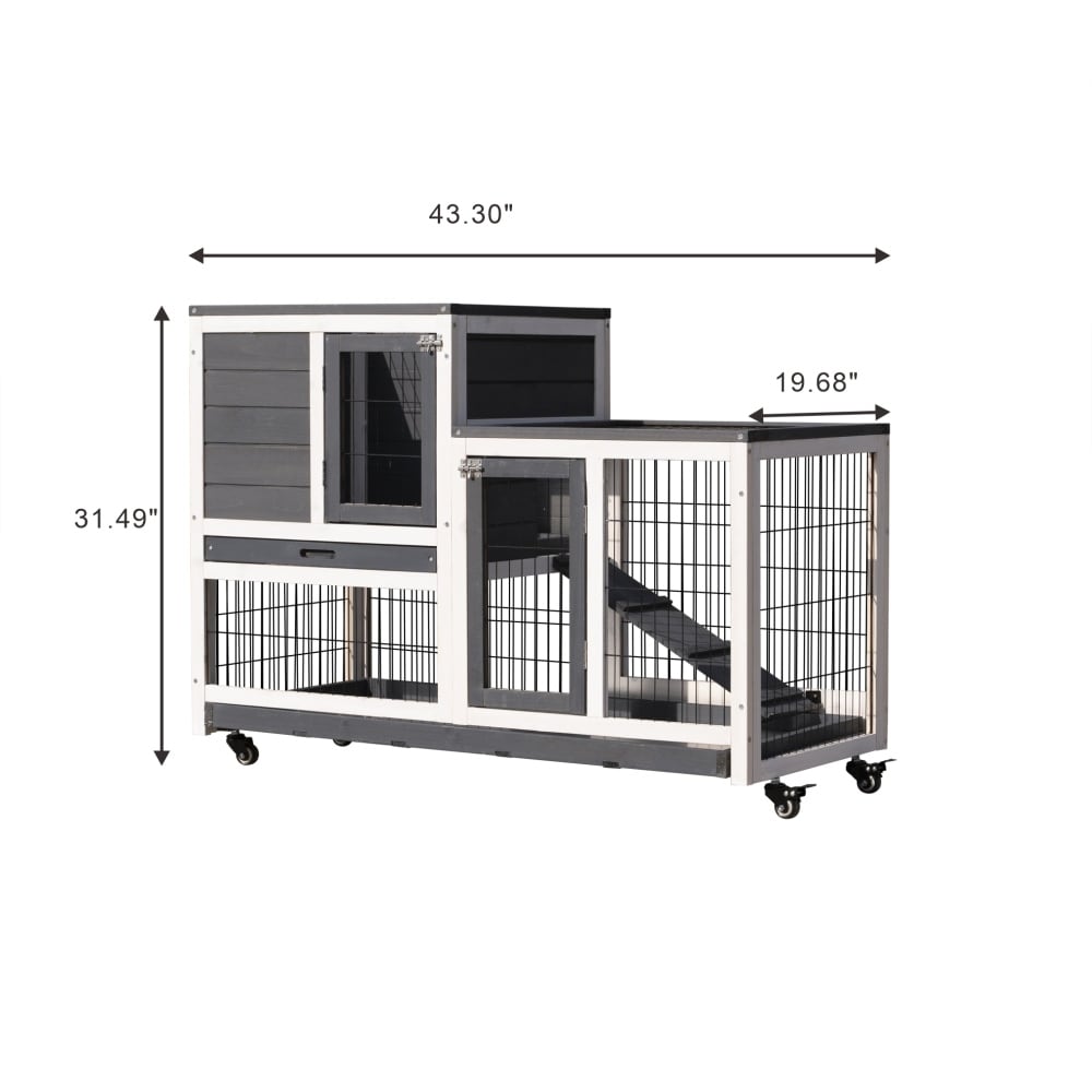 Grey Wood Outdoor Pet Kennel with Wheels and Ramp