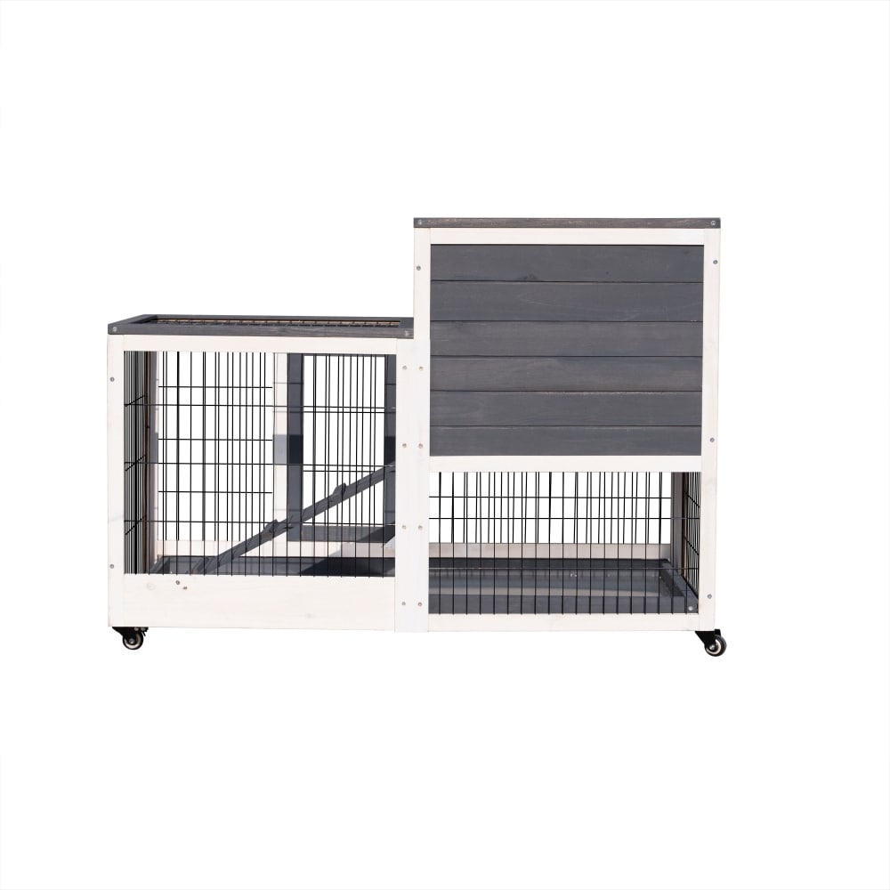 Grey Wood Outdoor Pet Kennel with Wheels and Ramp