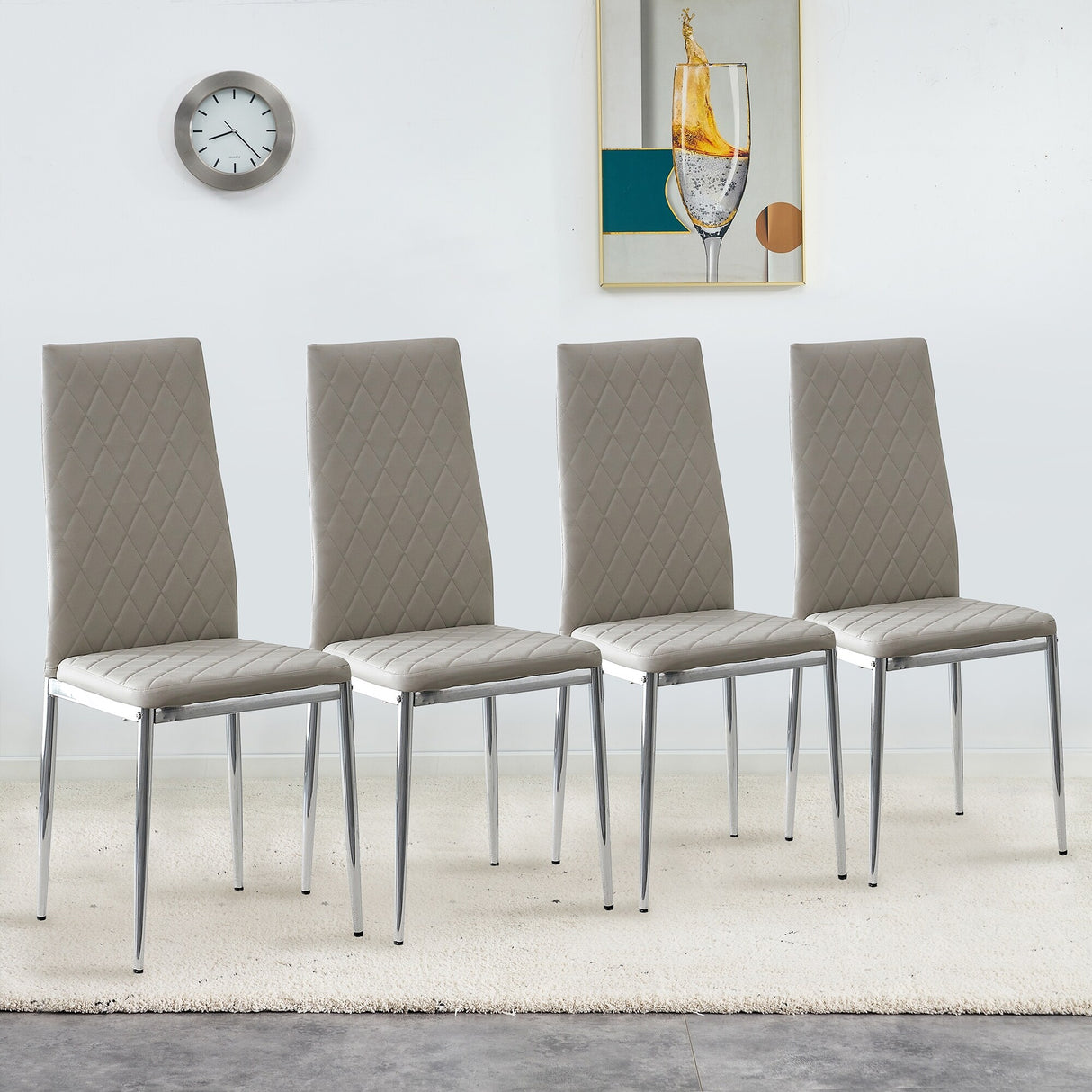 Grid Shaped Armless High Back Dining Chair,4-Piece Set,Grey