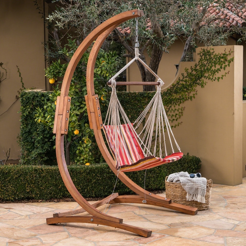 Griffith Outdoor Larch Wood Hammock Chair Swing with Water Resistant Fabric by Christopher Knight Home