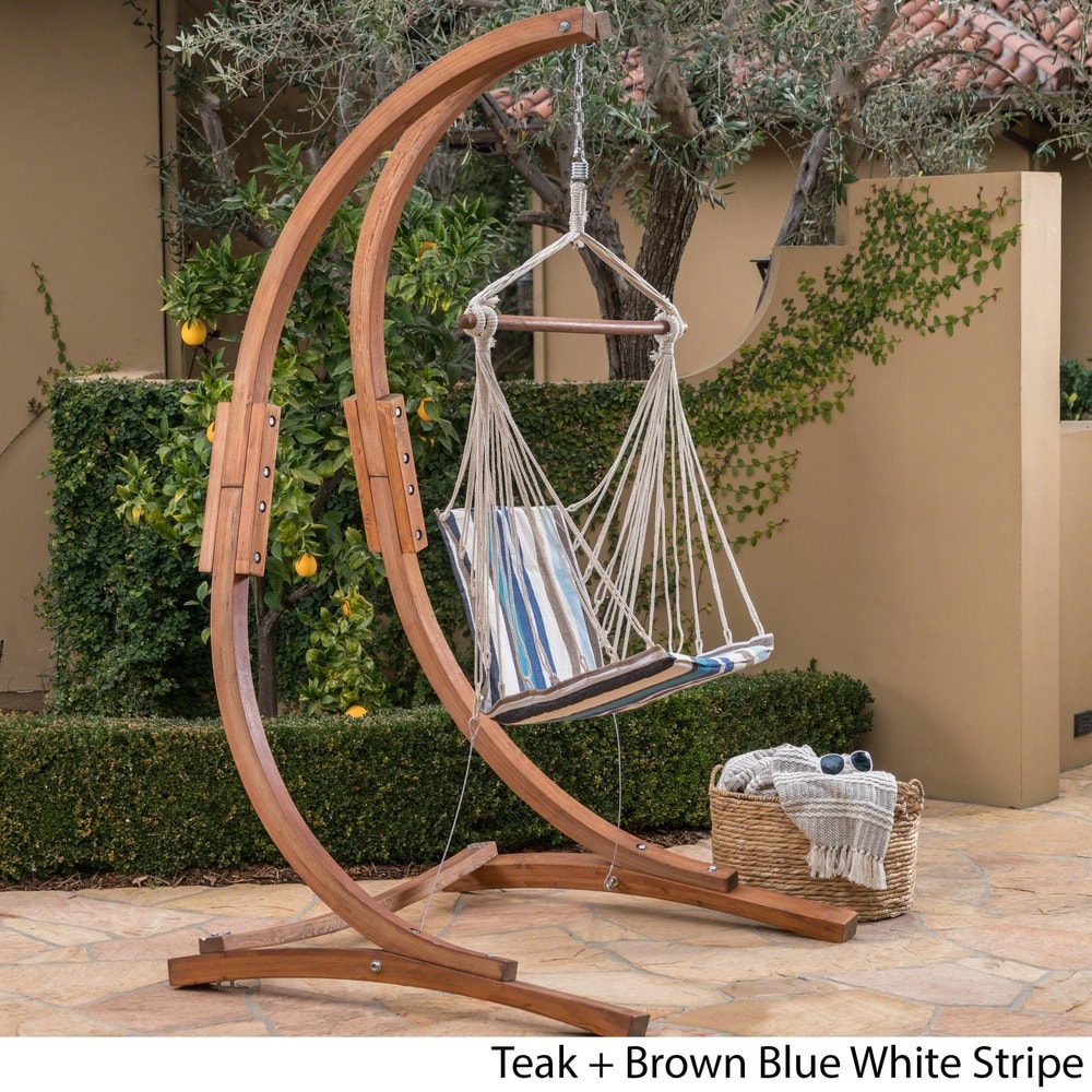 Griffith Outdoor Larch Wood Hammock Chair Swing with Water Resistant Fabric by Christopher Knight Home