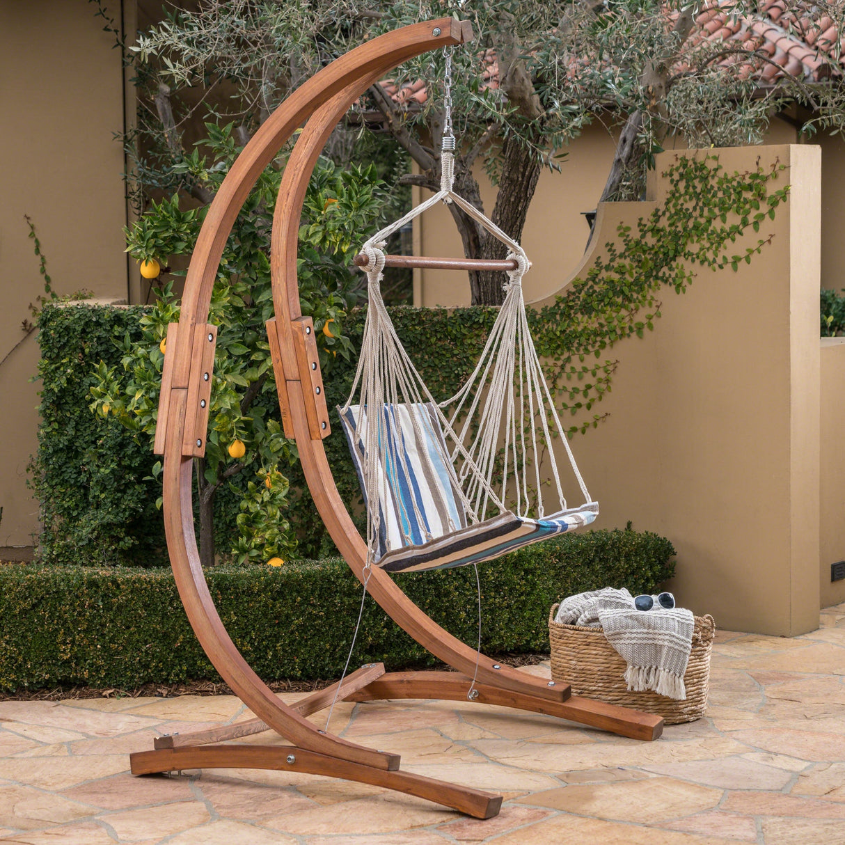 Griffith Outdoor Larch Wood Hammock Chair Swing with Water Resistant Fabric by Christopher Knight Home