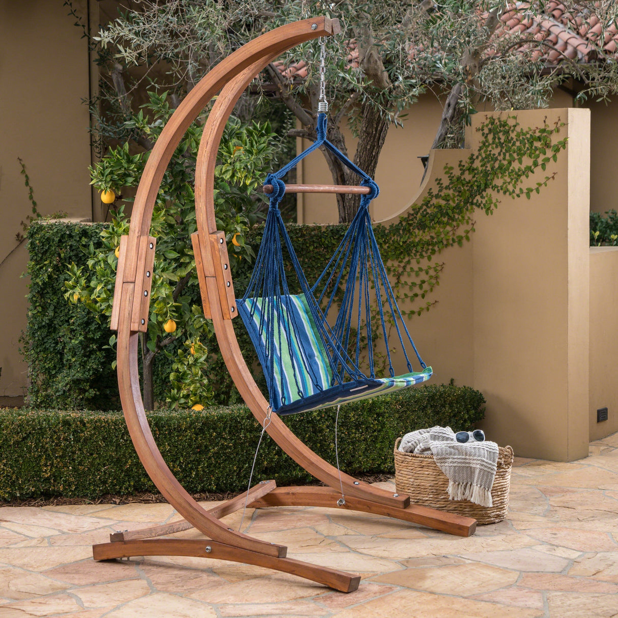 Griffith Outdoor Larch Wood Hammock Chair Swing with Water Resistant Fabric by Christopher Knight Home