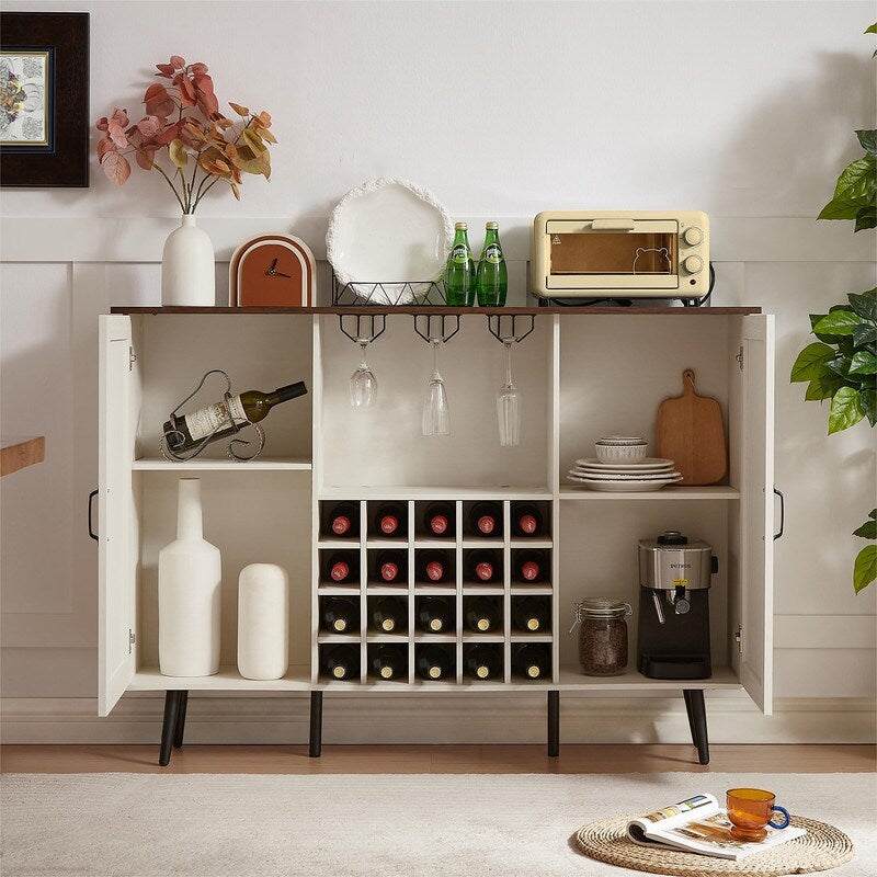 Grondin Bohemian Style Wooden Bar Cabinet with 2 Artificial Rattan Doors and Adjustable Shelves, Wine Cabinet Sideboard Buffet