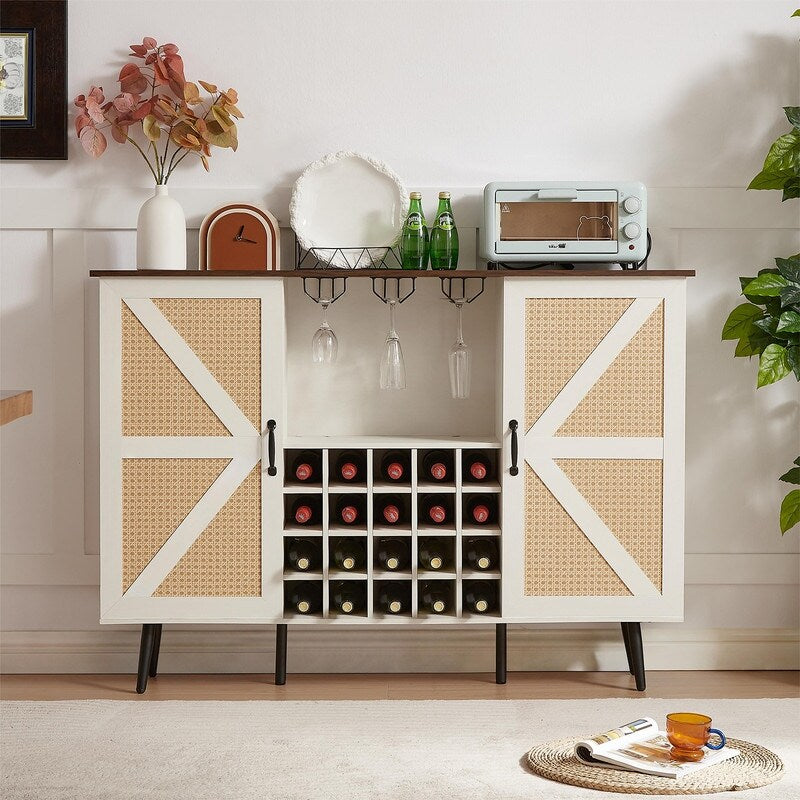 Grondin Bohemian Style Wooden Bar Cabinet with 2 Artificial Rattan Doors and Adjustable Shelves, Wine Cabinet Sideboard Buffet