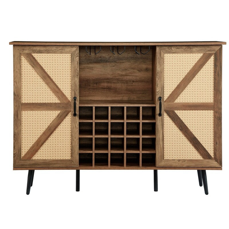 Grondin Bohemian Style Wooden Bar Cabinet with 2 Artificial Rattan Doors and Adjustable Shelves, Wine Cabinet Sideboard Buffet