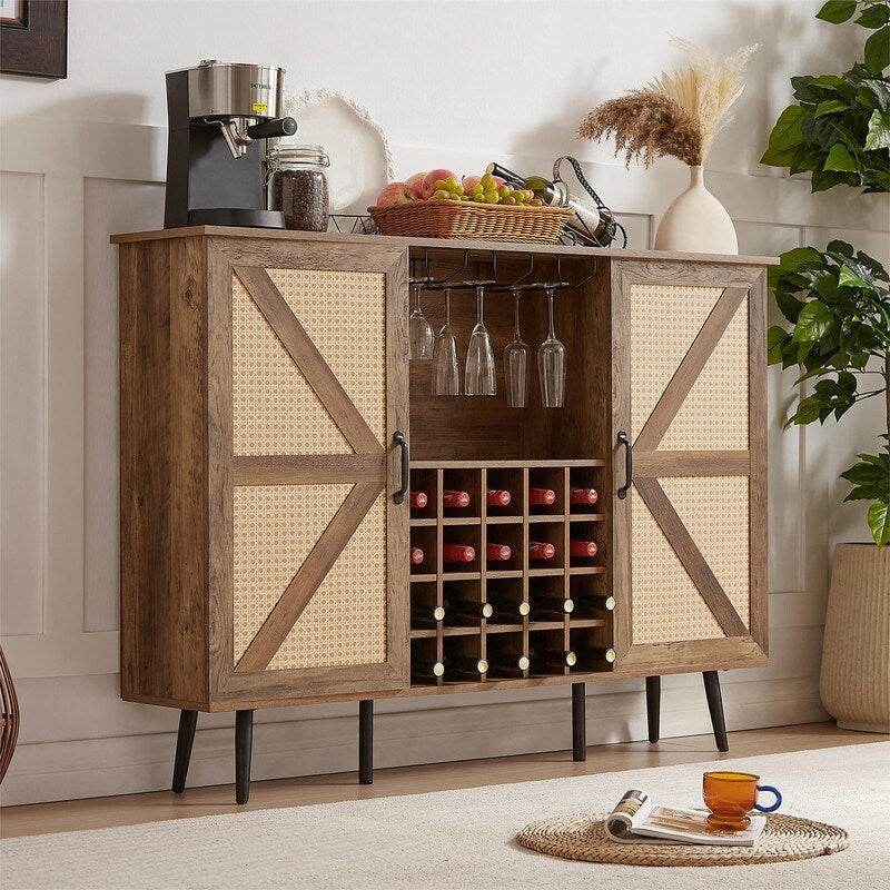 Grondin Bohemian Style Wooden Bar Cabinet with 2 Artificial Rattan Doors and Adjustable Shelves, Wine Cabinet Sideboard Buffet