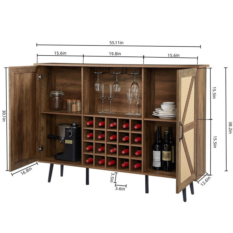 Grondin Bohemian Style Wooden Bar Cabinet with 2 Artificial Rattan Doors and Adjustable Shelves, Wine Cabinet Sideboard Buffet
