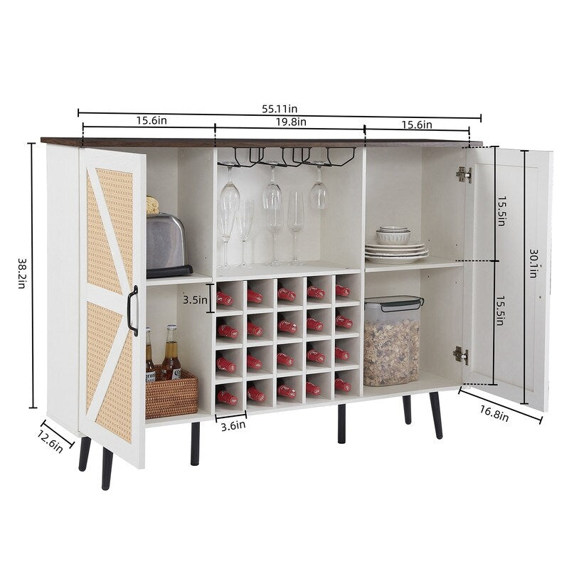 Grondin Bohemian Style Wooden Bar Cabinet with 2 Artificial Rattan Doors and Adjustable Shelves, Wine Cabinet Sideboard Buffet