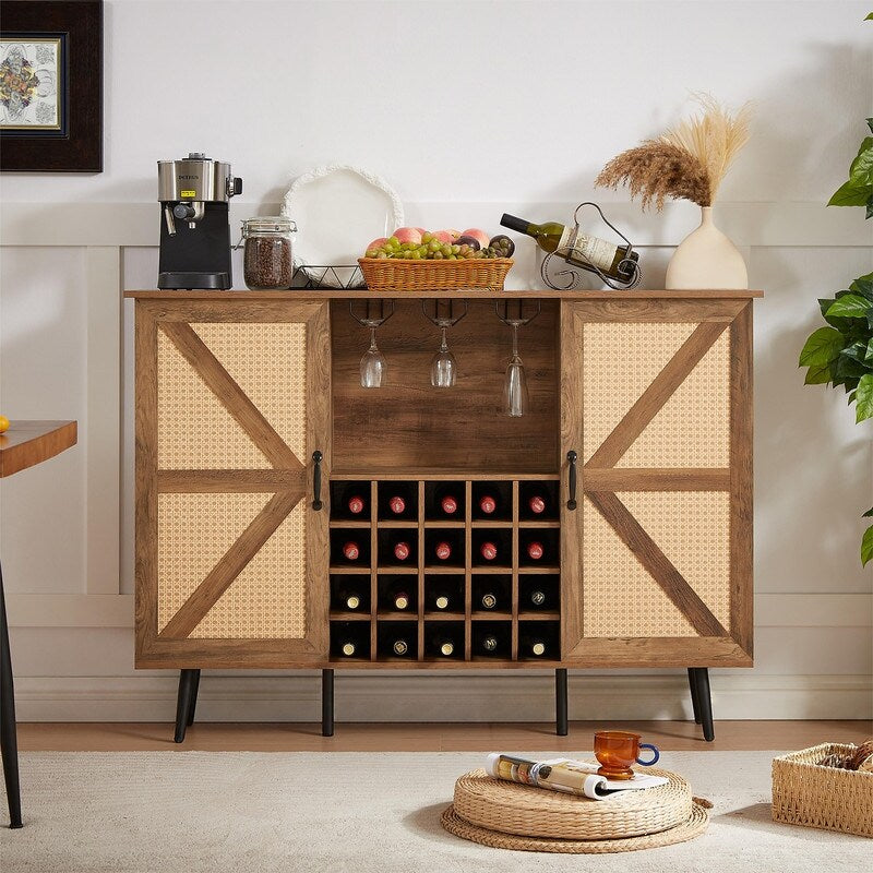 Grondin Bohemian Style Wooden Bar Cabinet with 2 Artificial Rattan Doors and Adjustable Shelves, Wine Cabinet Sideboard Buffet