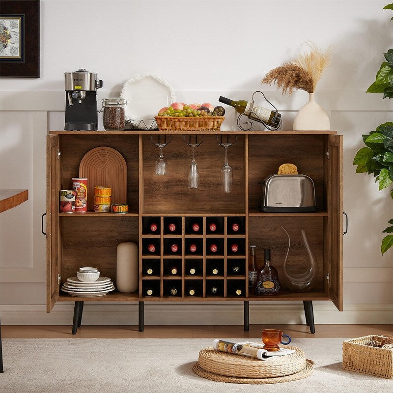 Grondin Bohemian Style Wooden Bar Cabinet with 2 Artificial Rattan Doors and Adjustable Shelves, Wine Cabinet Sideboard Buffet