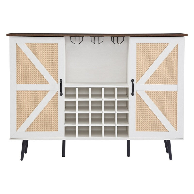 Grondin Bohemian Style Wooden Bar Cabinet with 2 Artificial Rattan Doors and Adjustable Shelves, Wine Cabinet Sideboard Buffet