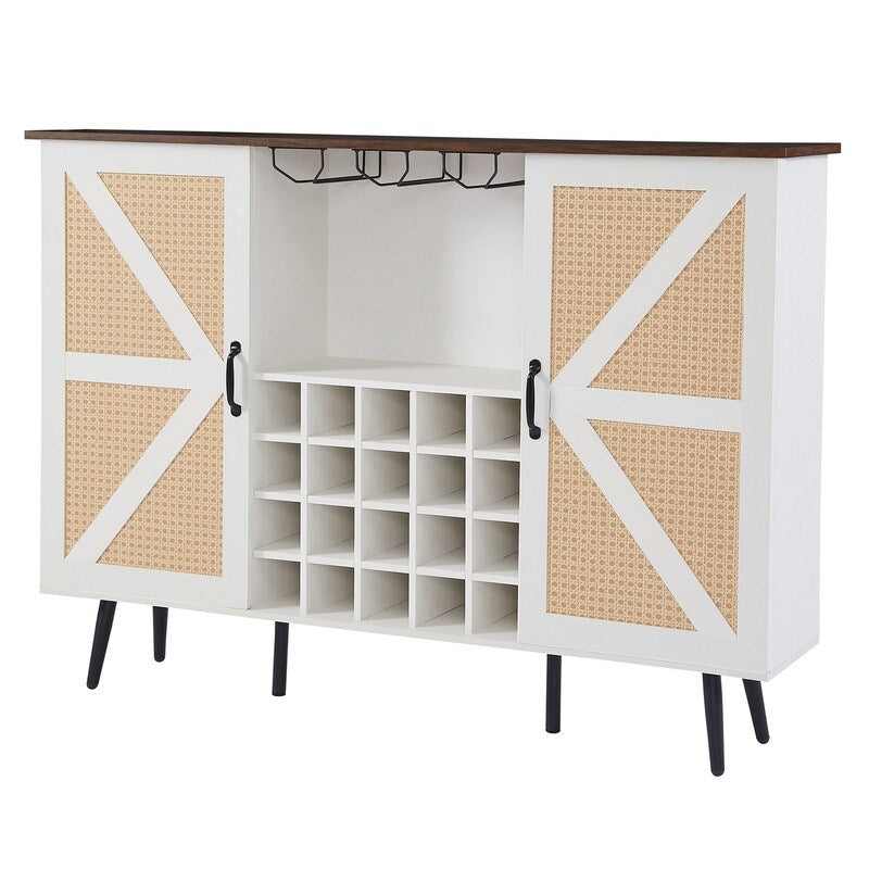 Grondin Bohemian Style Wooden Bar Cabinet with 2 Artificial Rattan Doors and Adjustable Shelves, Wine Cabinet Sideboard Buffet