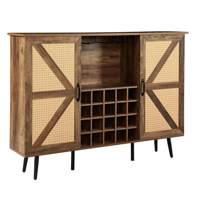 Grondin Bohemian Style Wooden Bar Cabinet with 2 Artificial Rattan Doors and Adjustable Shelves, Wine Cabinet Sideboard Buffet