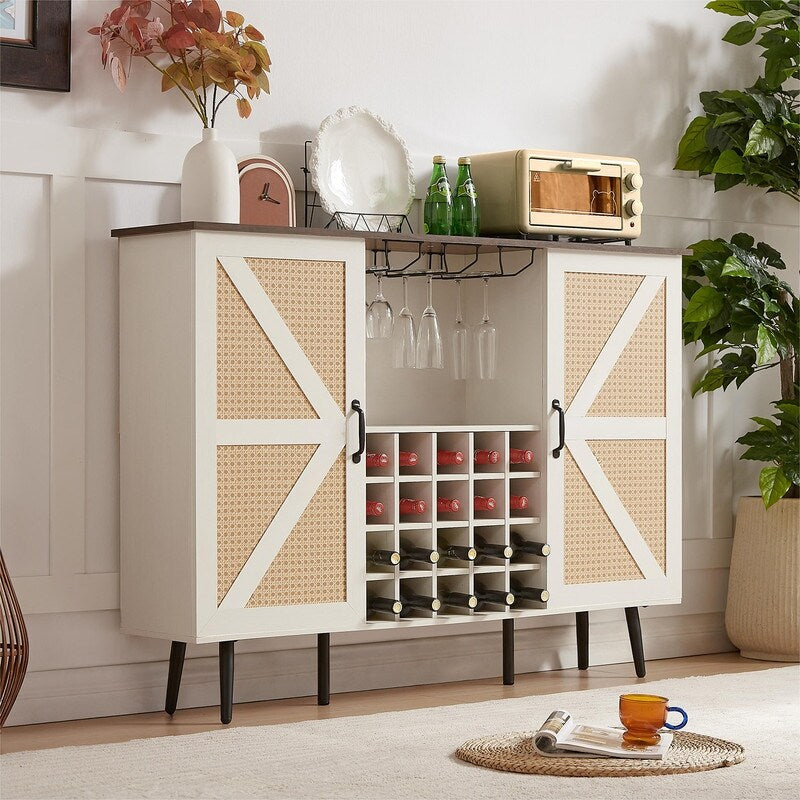 Grondin Bohemian Style Wooden Bar Cabinet with 2 Artificial Rattan Doors and Adjustable Shelves, Wine Cabinet Sideboard Buffet
