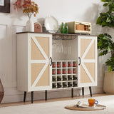 Grondin Bohemian Style Wooden Bar Cabinet with 2 Artificial Rattan Doors and Adjustable Shelves, Wine Cabinet Sideboard Buffet