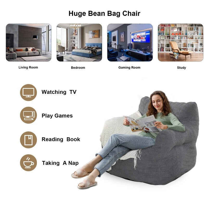 Grondin Giant Bean Bag Chairs for Adults and Teens, Sherpa Upholstery Lazy Sofa with Density Cotton Filling Modern Comfy Chair