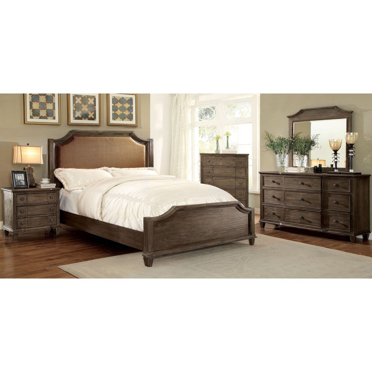 Furniture of America Dete Modern Grey Solid Wood Nailhead Panel Bed