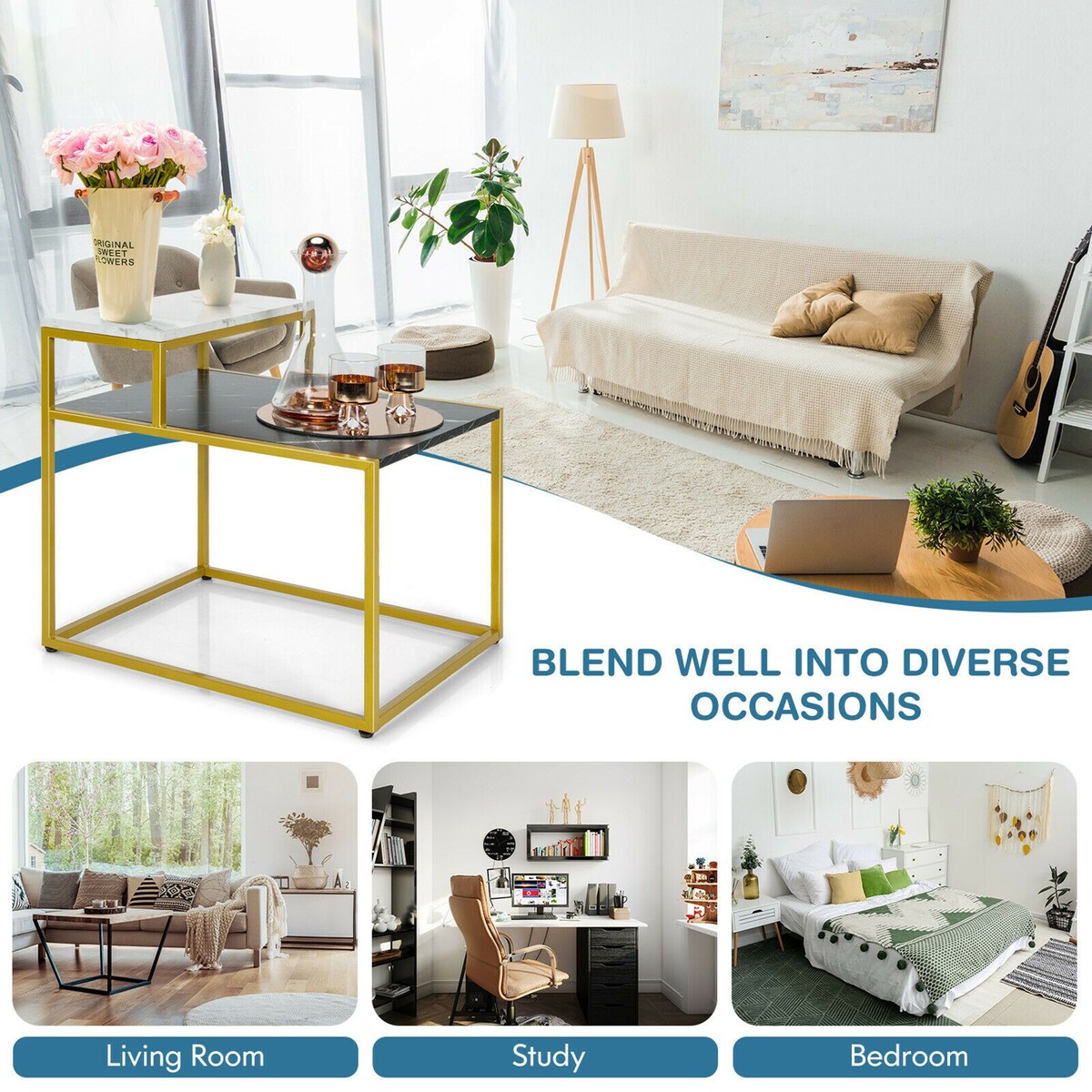 Gymax 2 Tier End Side Table Metal Frame Nightstand with Storage Shelf