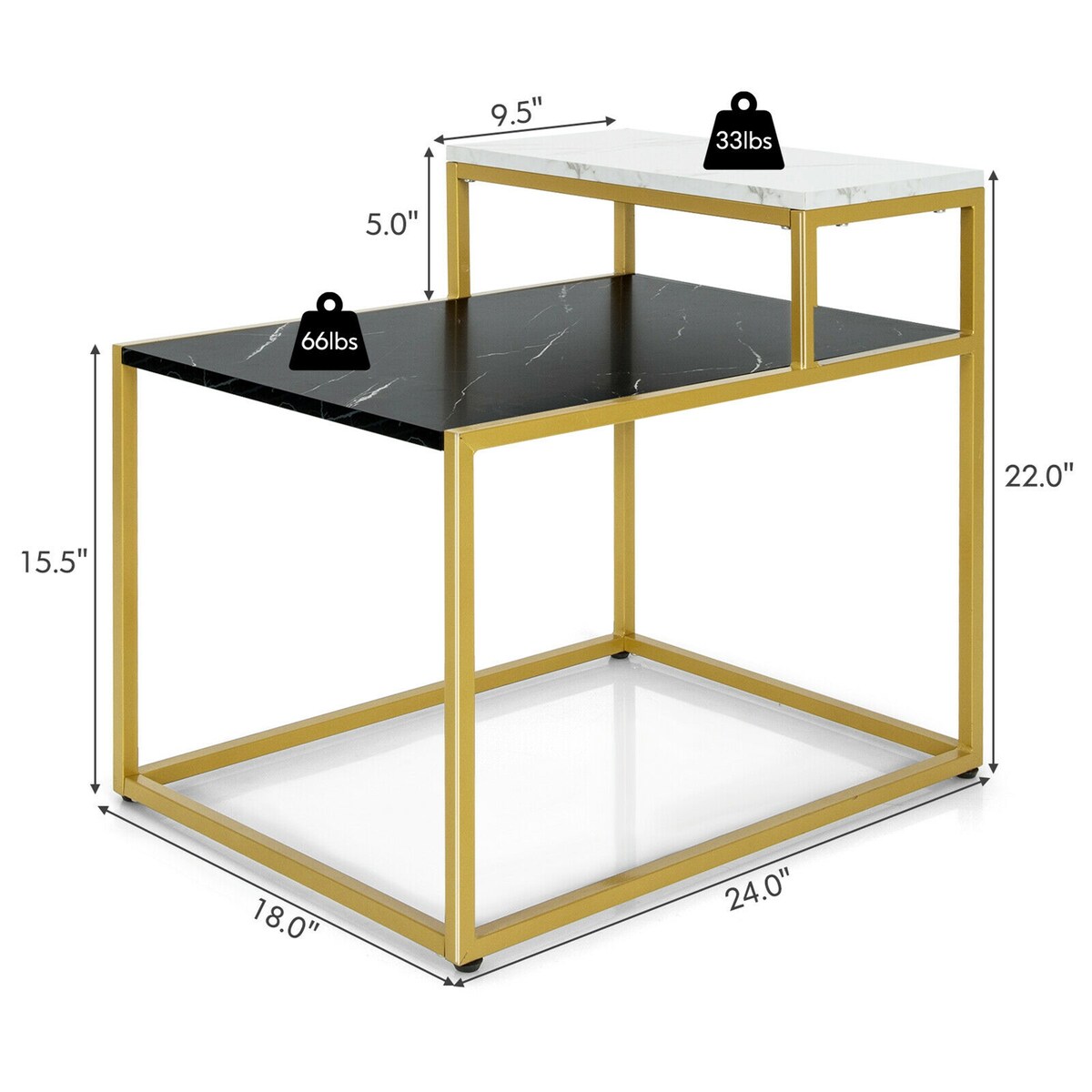 Gymax 2 Tier End Side Table Metal Frame Nightstand with Storage Shelf