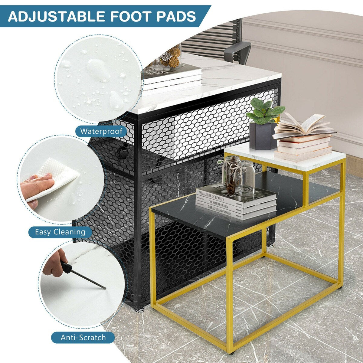 Gymax 2 Tier End Side Table Metal Frame Nightstand with Storage Shelf