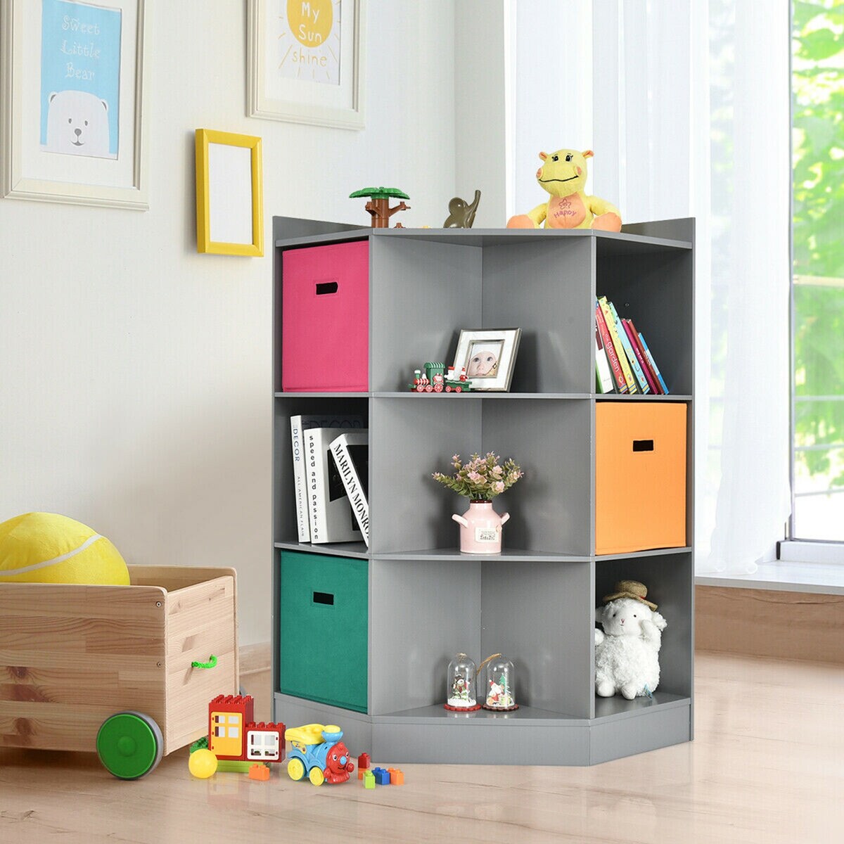 Gymax 3-Tier Kid Storage Shelf Cubes w/3 Baskets Corner Cabinet - See Details