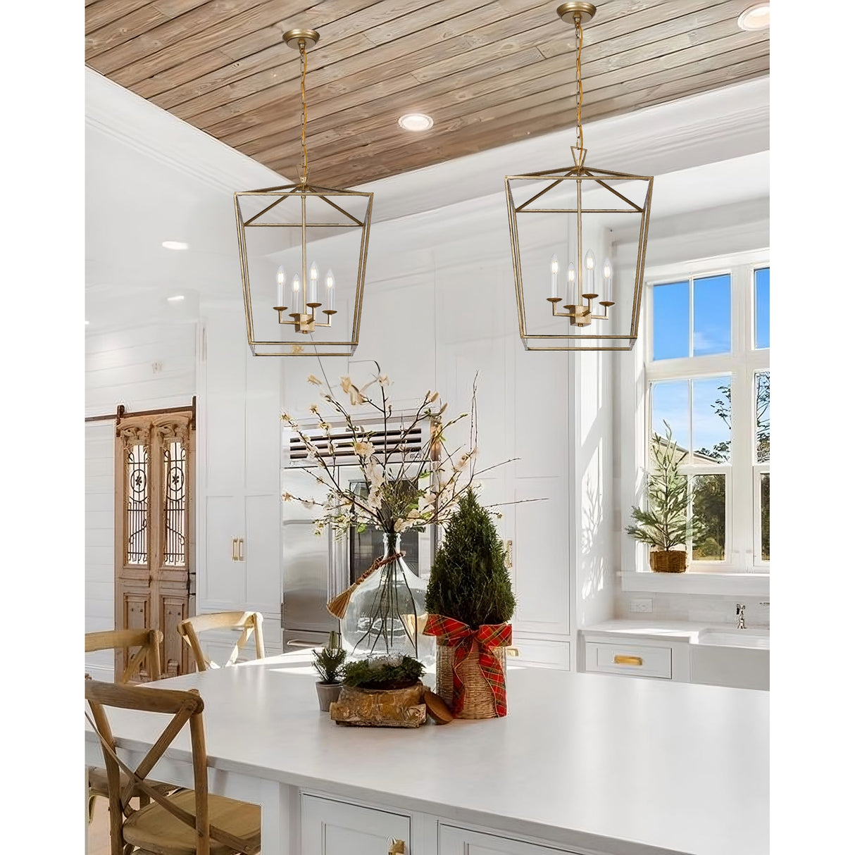 H25 X W17 Gold or Black Cage Large Lantern Iron Art Design Candle-Style Chandelier Pendant, Ceiling Light Fixture