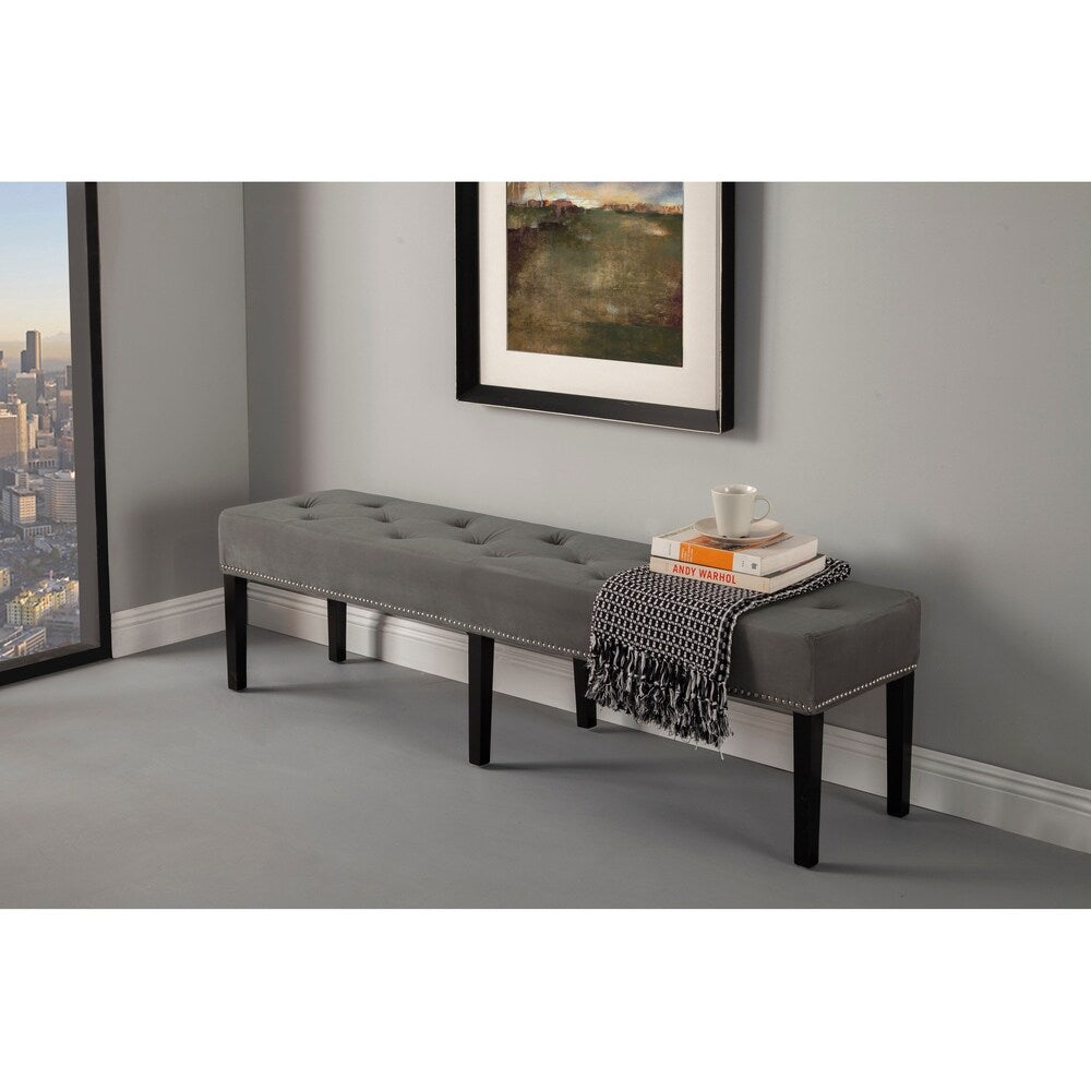 HD Couture King Grey Velvet and Wood Bench