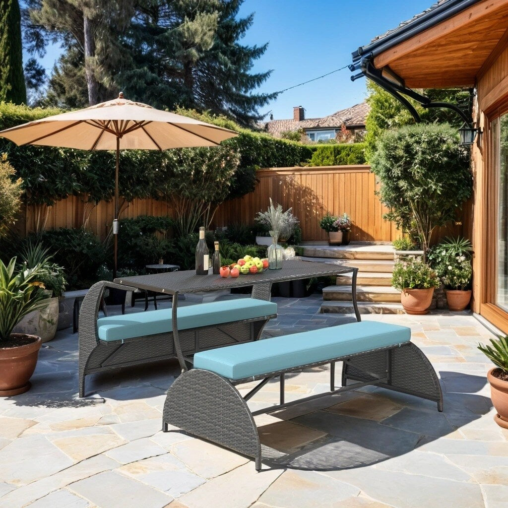 HDPE Outdoor Conversation Sets Loveseat with Cushions, Convertible 4-Seats and Coffee Table, Suitable for Gardens Lawns, Blue