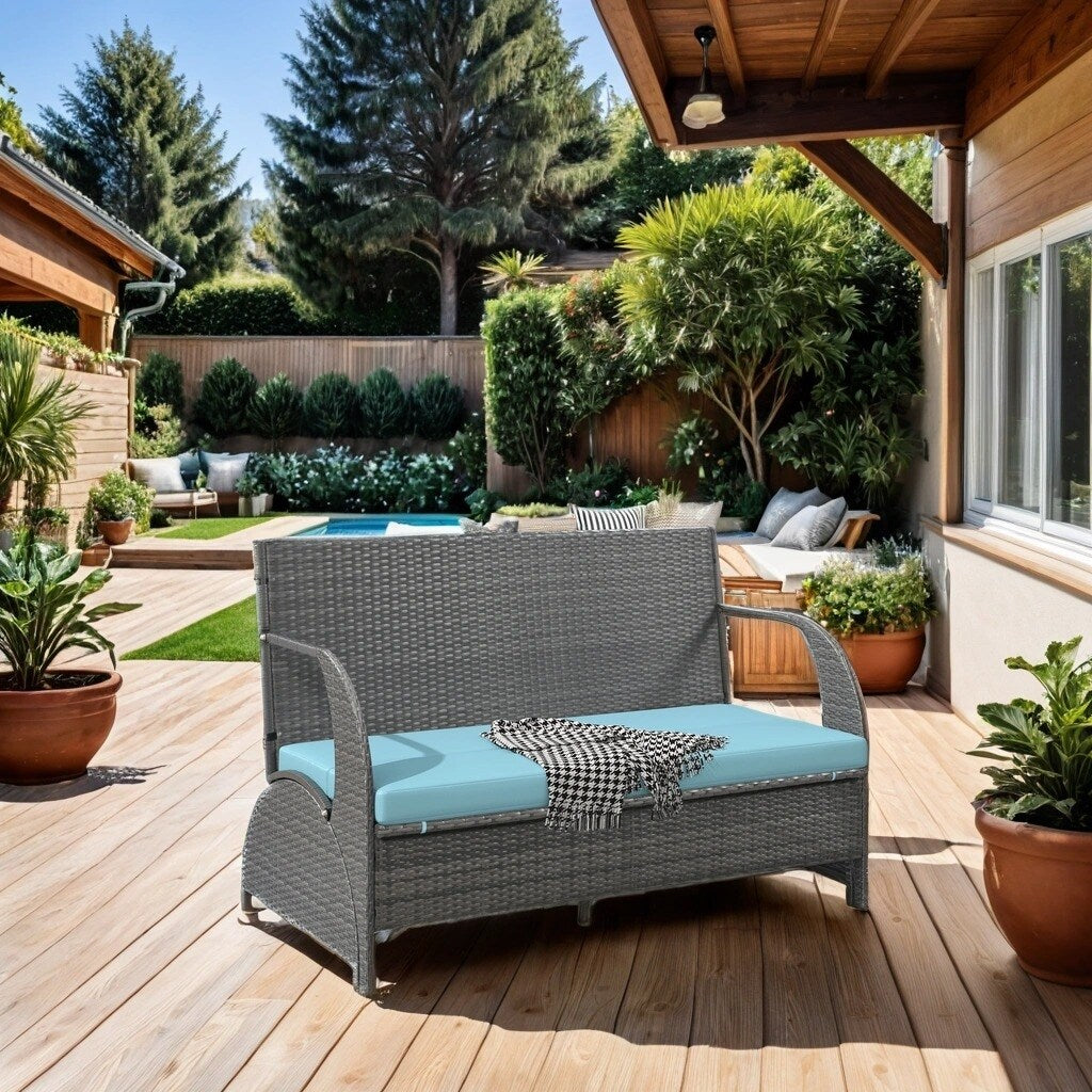 HDPE Outdoor Conversation Sets Loveseat with Cushions, Convertible 4-Seats and Coffee Table, Suitable for Gardens Lawns, Blue