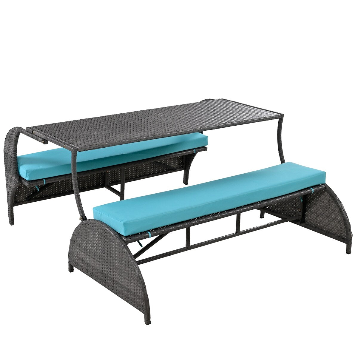 HDPE Outdoor Conversation Sets Loveseat with Cushions, Convertible 4-Seats and Coffee Table, Suitable for Gardens Lawns, Blue