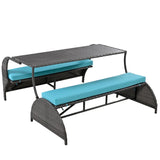 HDPE Outdoor Conversation Sets Loveseat with Cushions, Convertible 4-Seats and Coffee Table, Suitable for Gardens Lawns, Blue