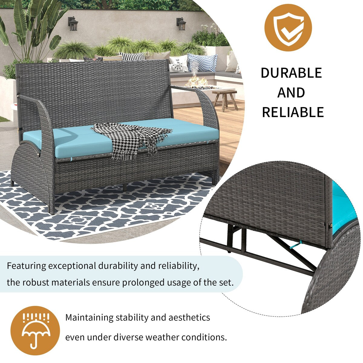 HDPE Outdoor Conversation Sets Loveseat with Cushions, Convertible 4-Seats and Coffee Table, Suitable for Gardens Lawns, Blue